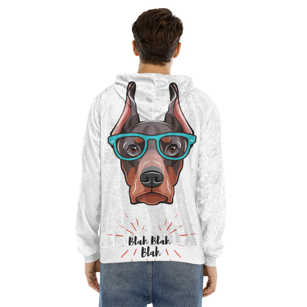 Dobermann With Glasses Print Men's Velvet Pullover Hoodie