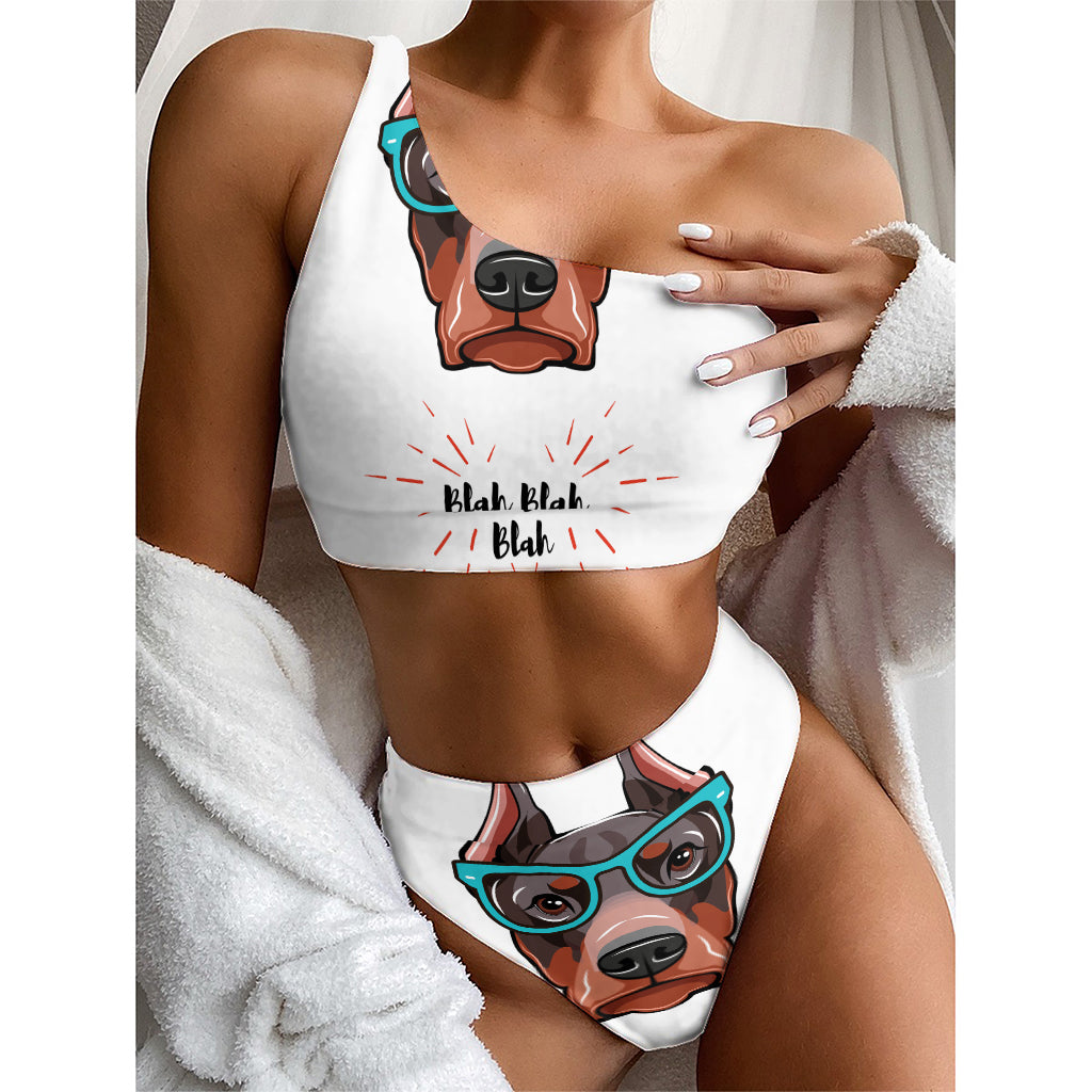 Dobermann With Glasses Print One Shoulder Bikini Top