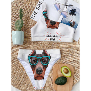 Dobermann With Glasses Print One Shoulder Bikini Top