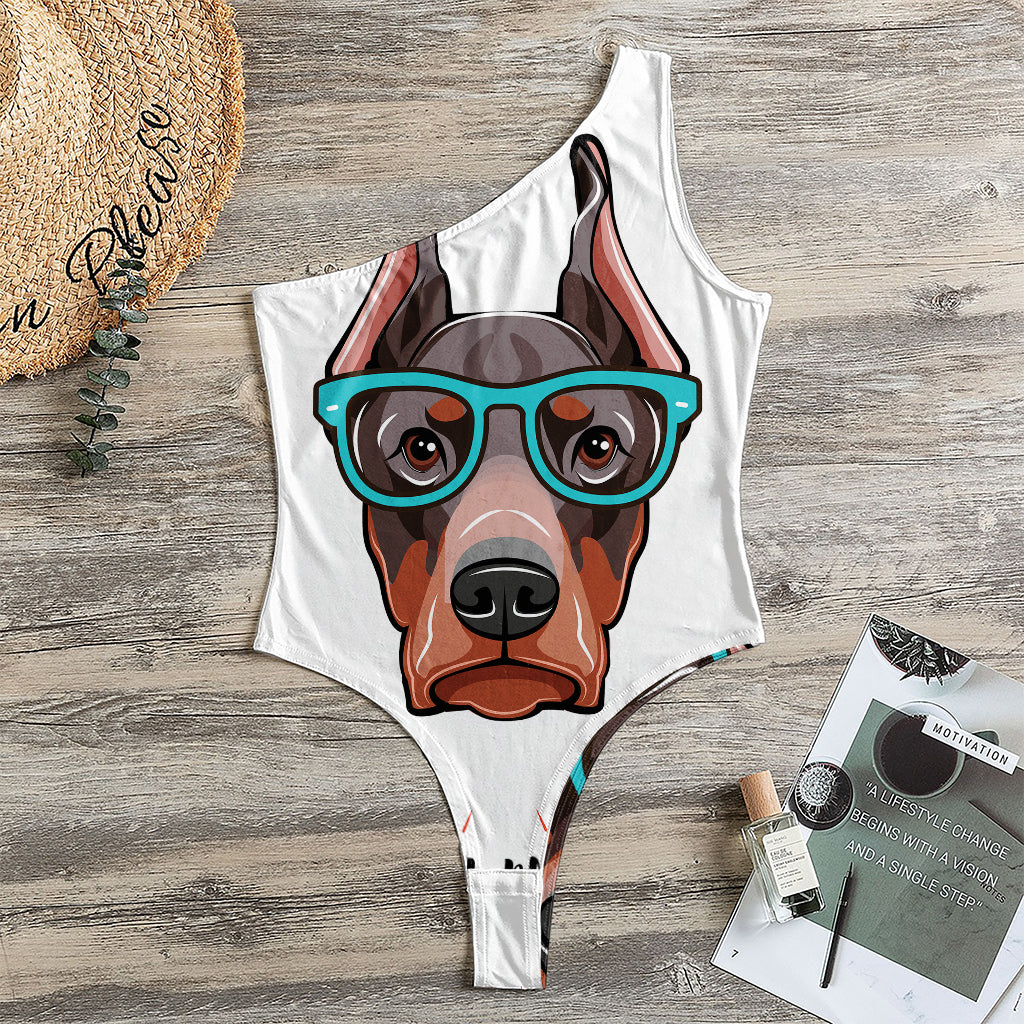 Dobermann With Glasses Print One Shoulder Bodysuit