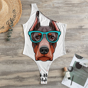 Dobermann With Glasses Print One Shoulder Bodysuit