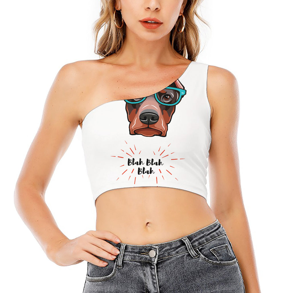 Dobermann With Glasses Print One Shoulder Crop Top