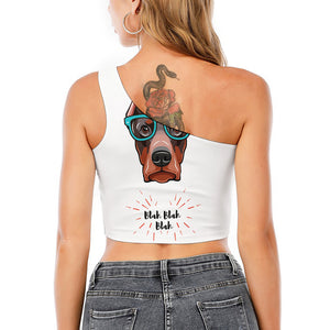 Dobermann With Glasses Print One Shoulder Crop Top