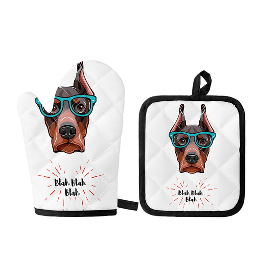 Dobermann With Glasses Print Oven Mitt And Pot Holder Set