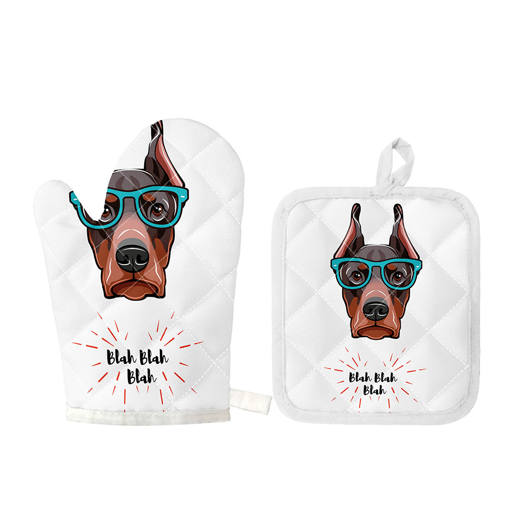 Dobermann With Glasses Print Oven Mitt And Pot Holder Set
