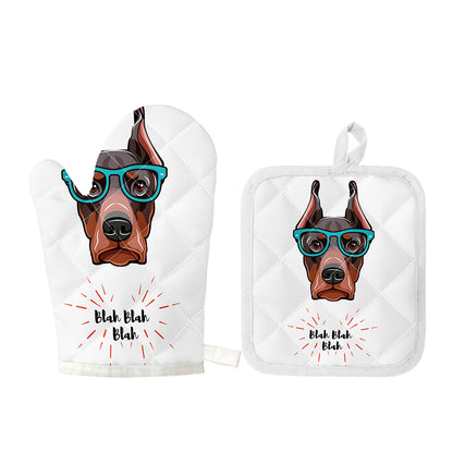 Dobermann With Glasses Print Oven Mitt And Pot Holder Set