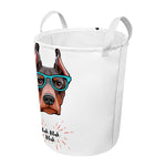 Dobermann With Glasses Print Round Laundry Basket