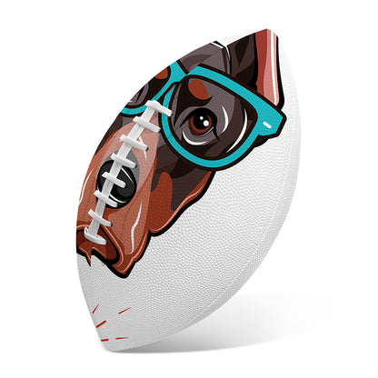 Dobermann With Glasses Print Rugby Ball