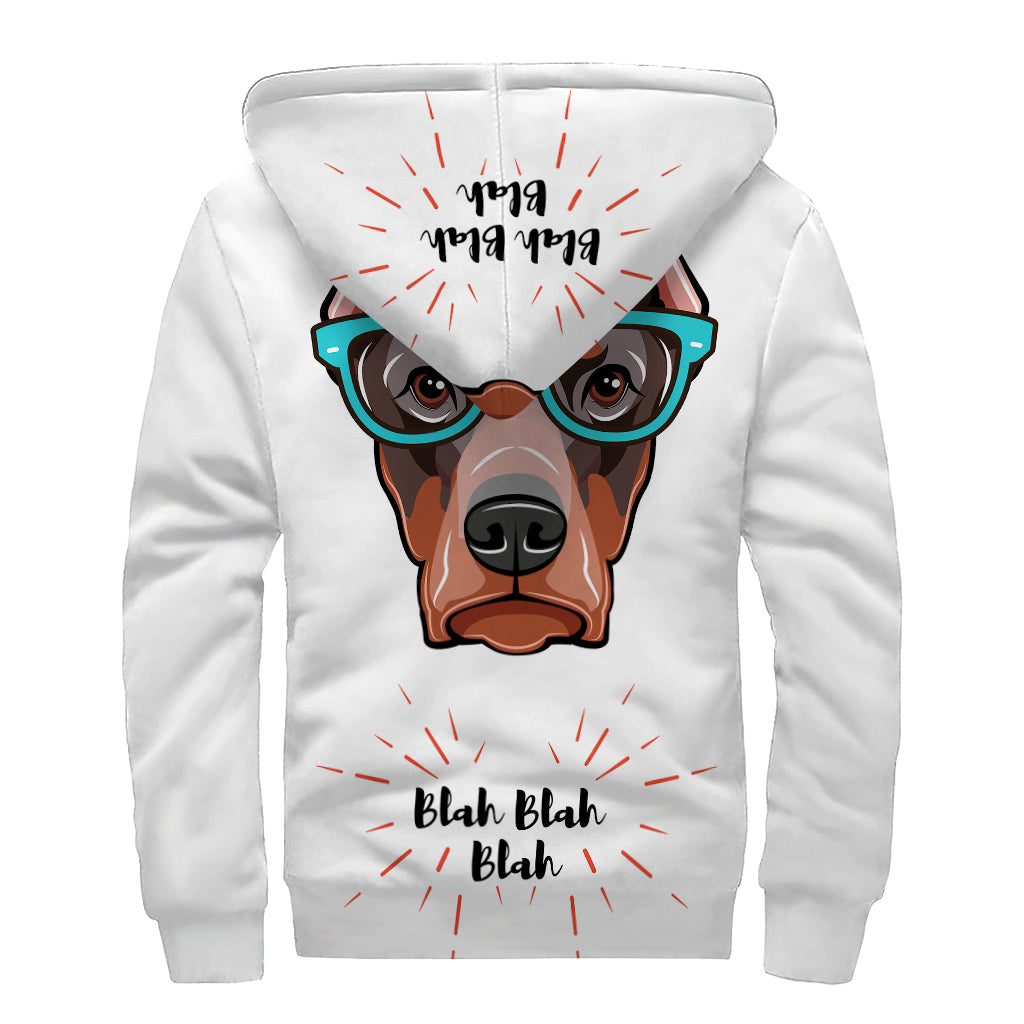 Dobermann With Glasses Print Sherpa Lined Zip Up Hoodie