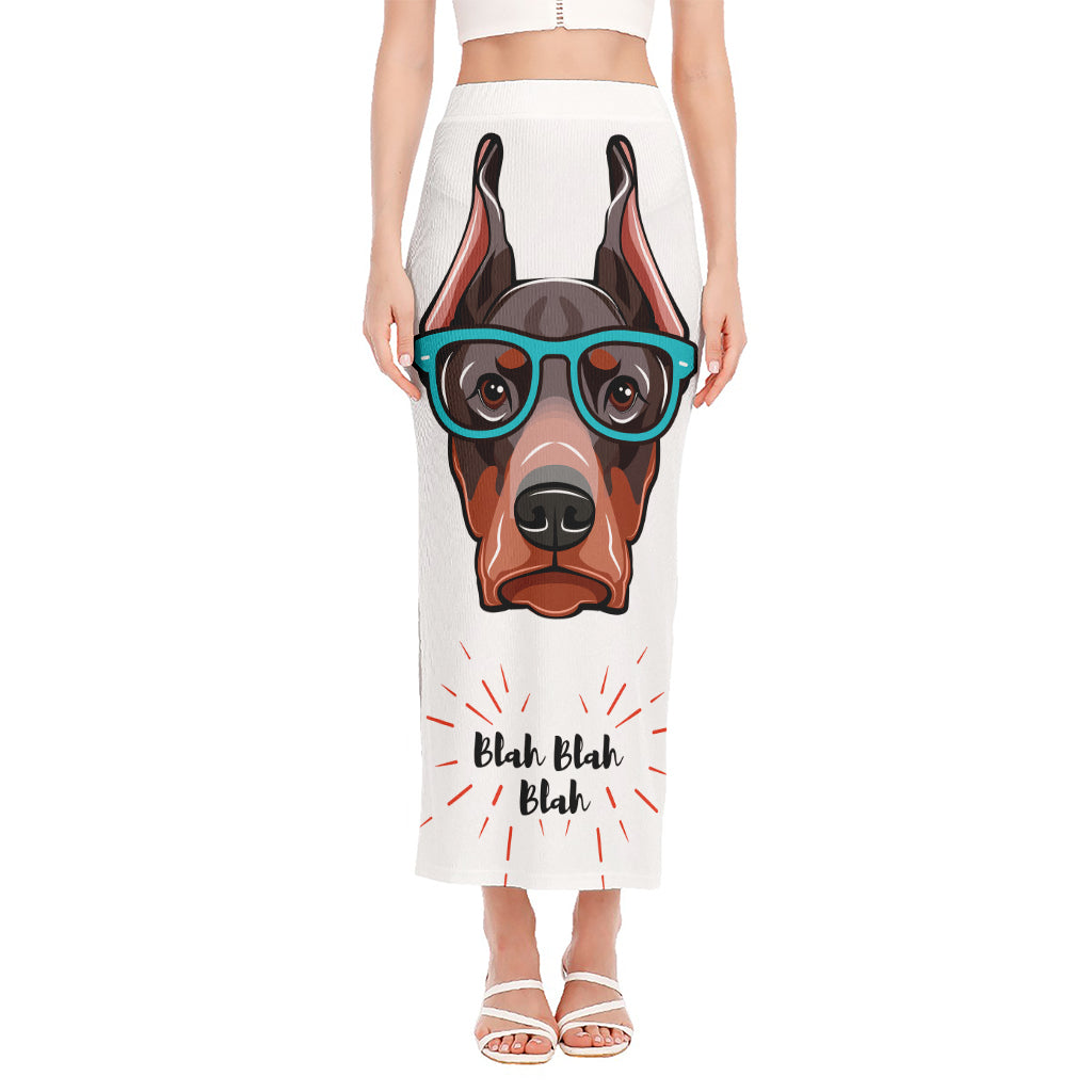 Dobermann With Glasses Print Side Slit Maxi Skirt