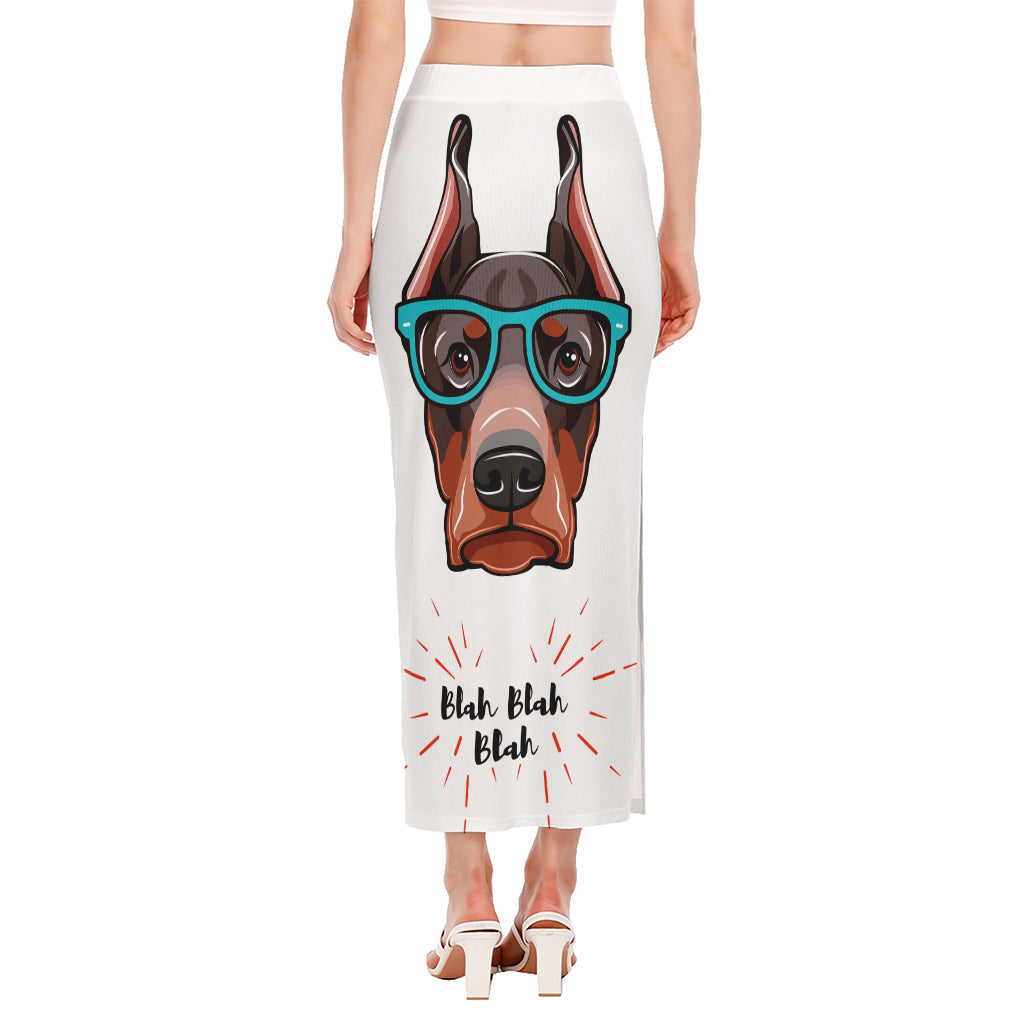 Dobermann With Glasses Print Side Slit Maxi Skirt