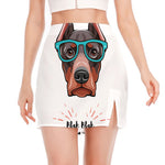 Dobermann With Glasses Print Side Slit Mini Skirt