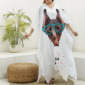 Dobermann With Glasses Print Silk V-Neck Kaftan Dress