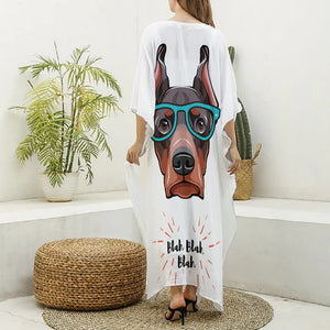 Dobermann With Glasses Print Silk V-Neck Kaftan Dress