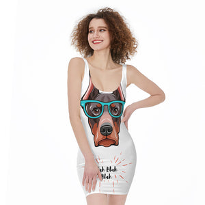 Dobermann With Glasses Print Sleeveless Bodycon Dress