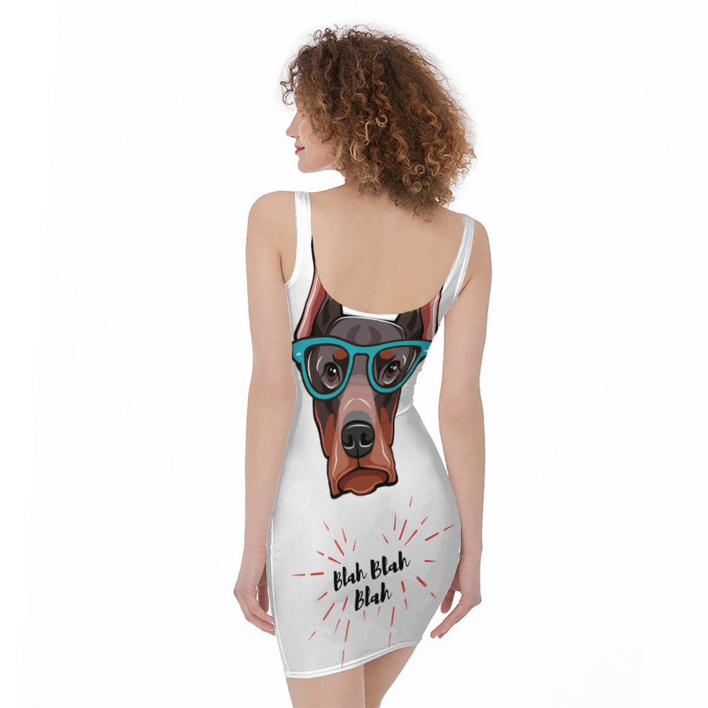 Dobermann With Glasses Print Sleeveless Bodycon Dress