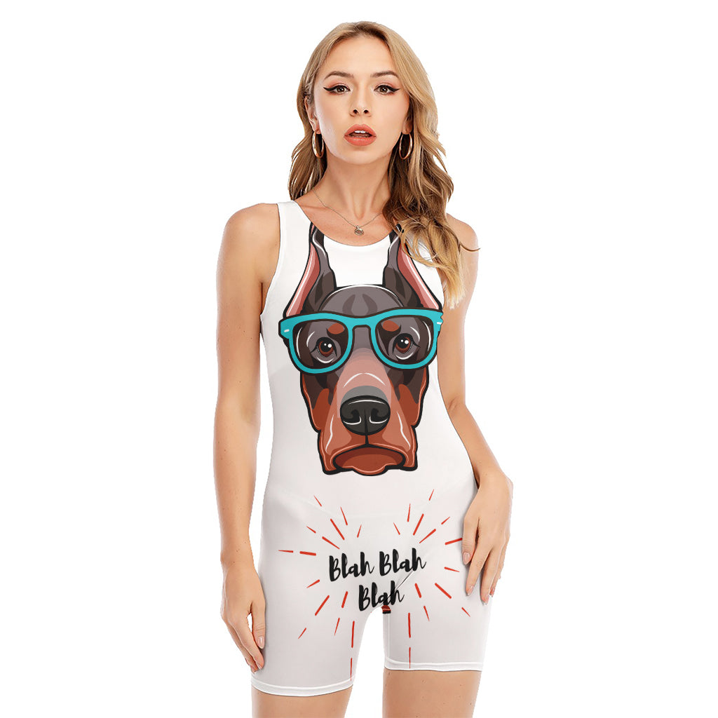 Dobermann With Glasses Print Sleeveless One Piece Swimsuit