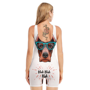 Dobermann With Glasses Print Sleeveless One Piece Swimsuit