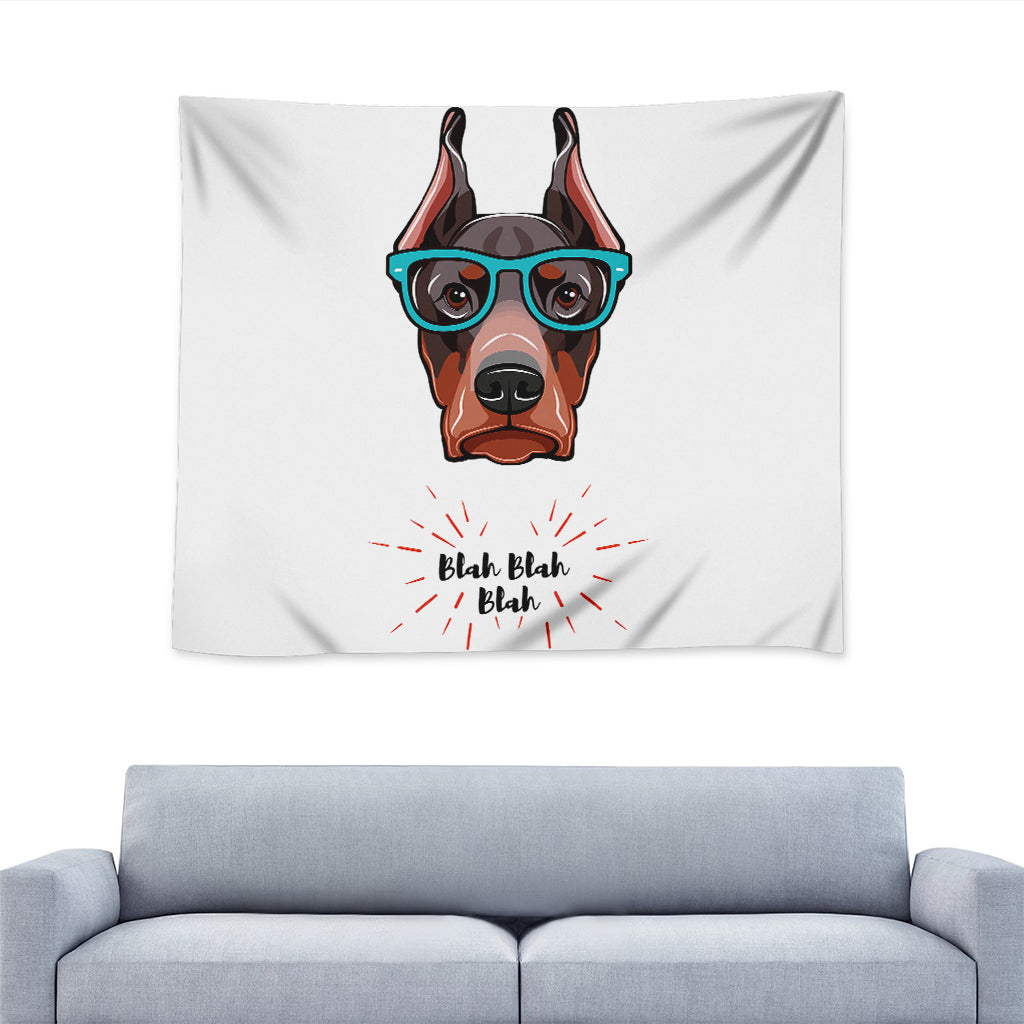 Dobermann With Glasses Print Tapestry