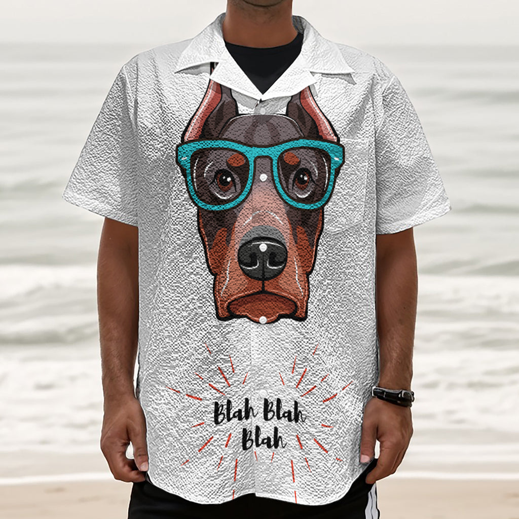 Dobermann With Glasses Print Textured Short Sleeve Shirt