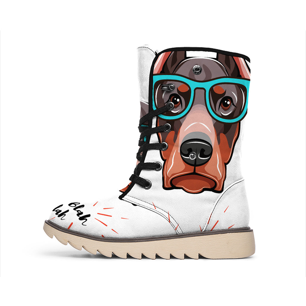 Dobermann With Glasses Print Winter Boots