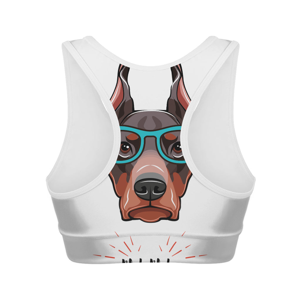 Dobermann With Glasses Print Women's Sports Bra