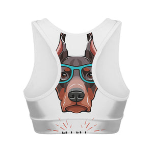 Dobermann With Glasses Print Women's Sports Bra