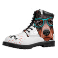 Dobermann With Glasses Print Padded Collar Lace Up Boots