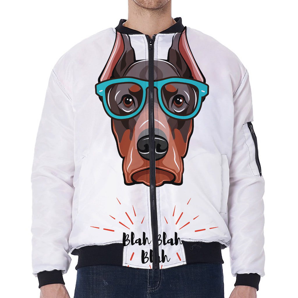 Dobermann With Glasses Print Zip Sleeve Bomber Jacket