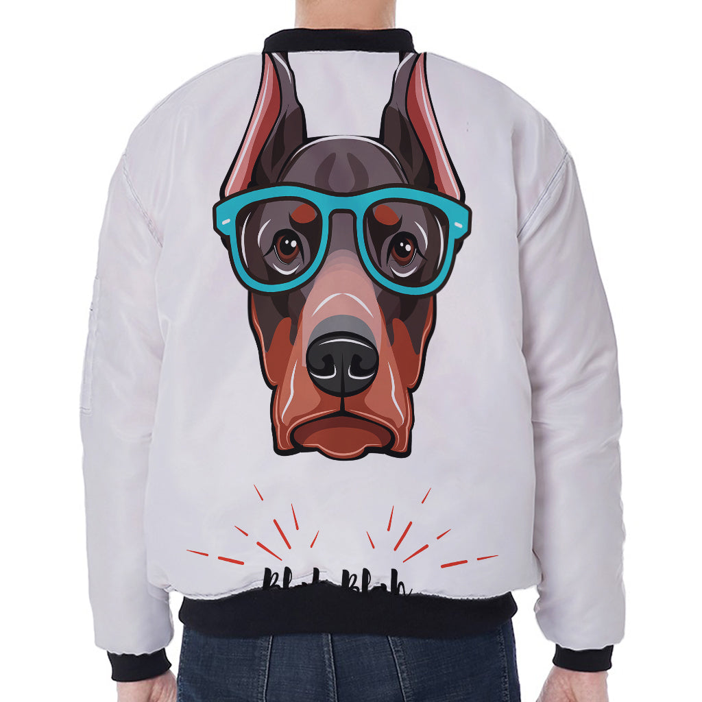 Dobermann With Glasses Print Zip Sleeve Bomber Jacket