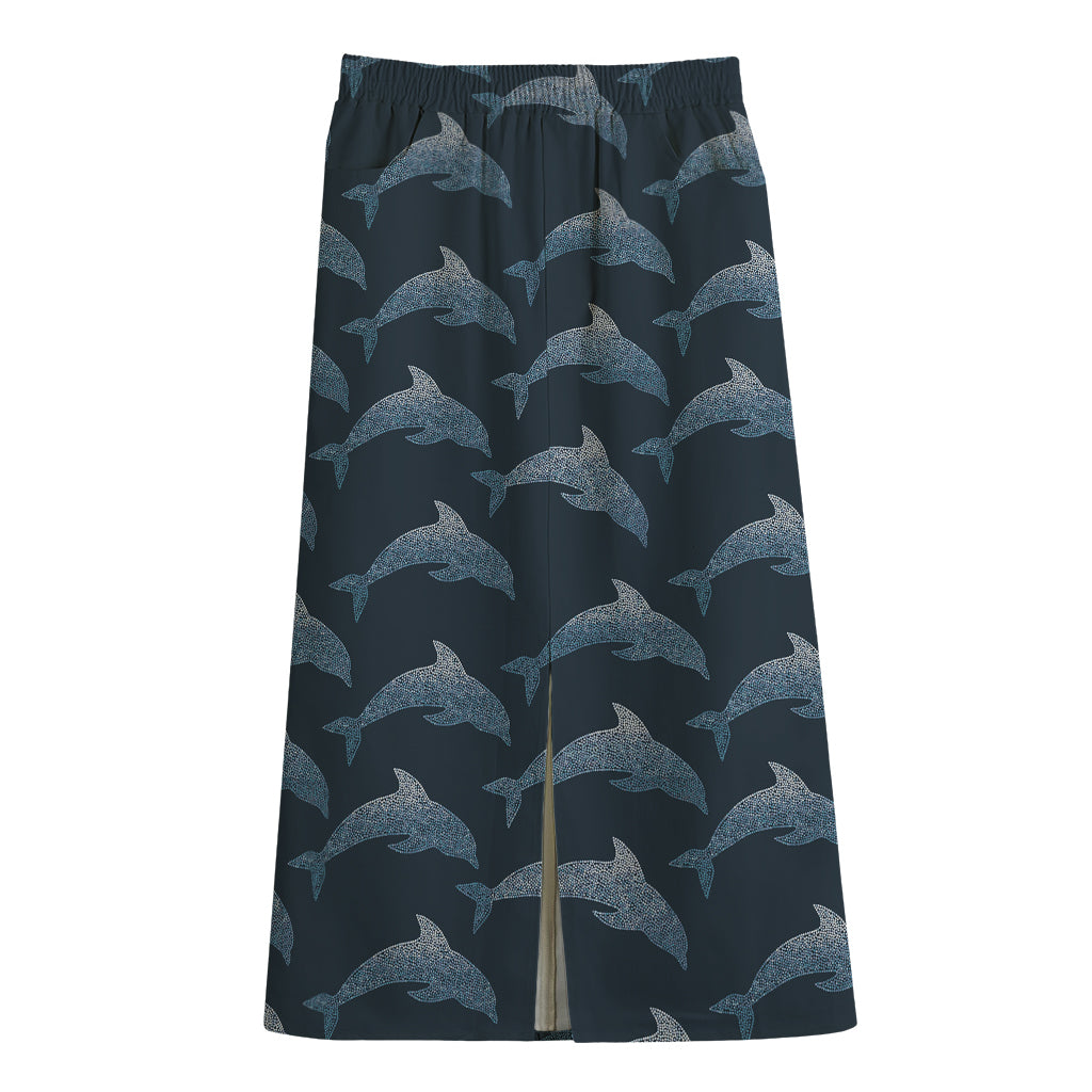 Dolphin Dot Pattern Print Cotton Front Slit Maxi Skirt