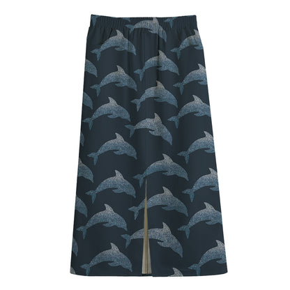 Dolphin Dot Pattern Print Cotton Front Slit Maxi Skirt