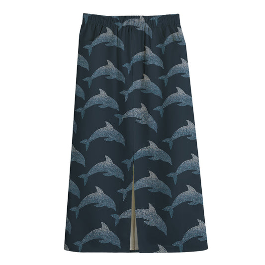 Dolphin Dot Pattern Print Cotton Front Slit Maxi Skirt