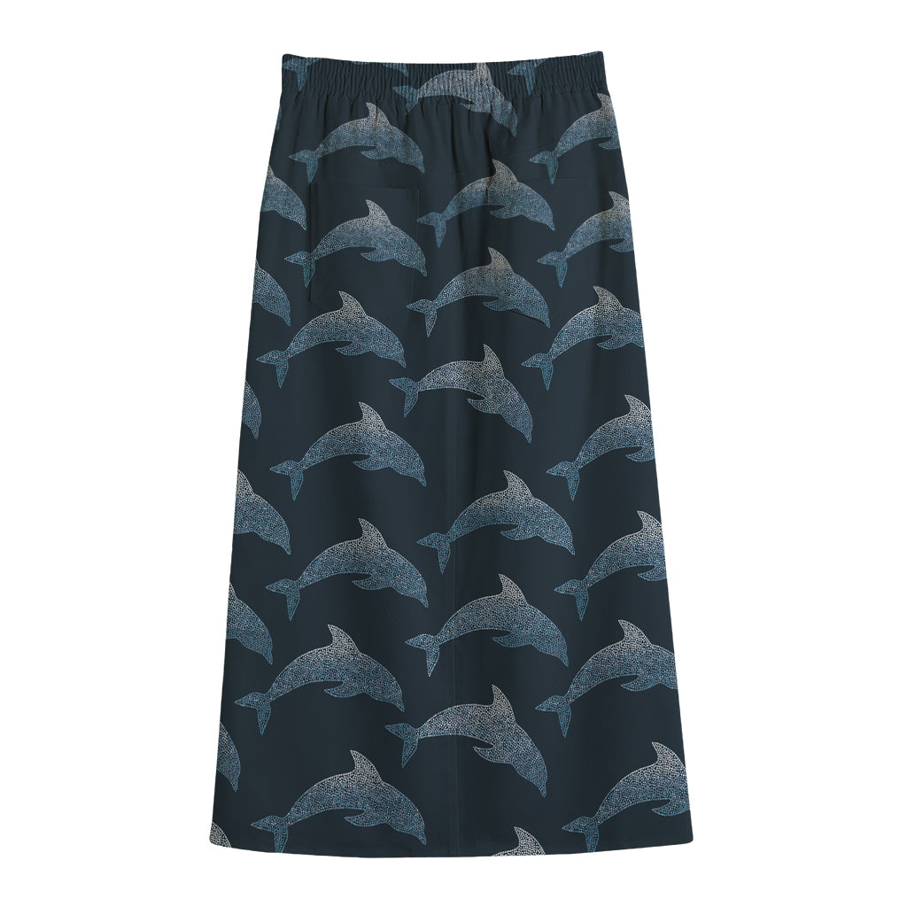 Dolphin Dot Pattern Print Cotton Front Slit Maxi Skirt