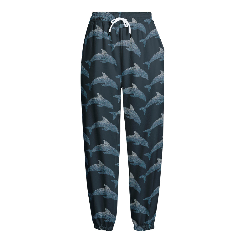 Dolphin Dot Pattern Print Fleece Lined Knit Pants