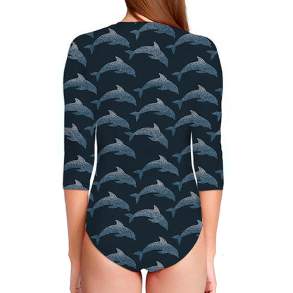 Dolphin Dot Pattern Print Long Sleeve Swimsuit