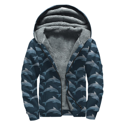 Dolphin Dot Pattern Print Sherpa Lined Zip Up Hoodie