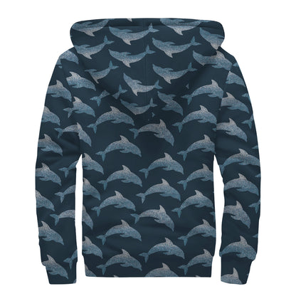 Dolphin Dot Pattern Print Sherpa Lined Zip Up Hoodie