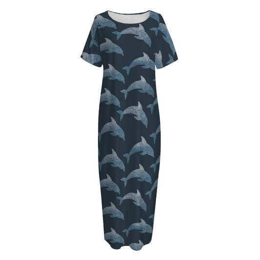 Dolphin Dot Pattern Print Short Sleeve Long Nightdress