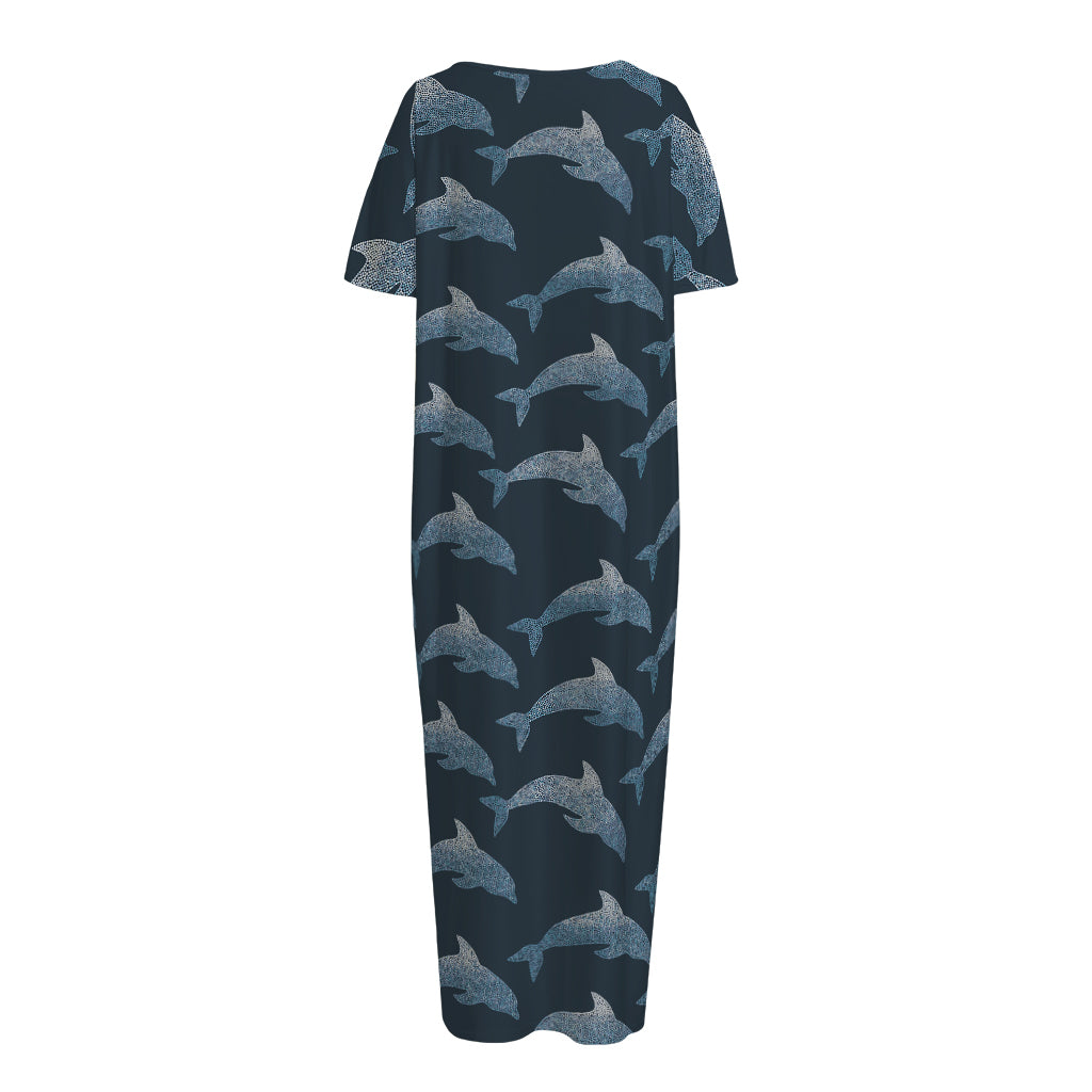 Dolphin Dot Pattern Print Short Sleeve Long Nightdress