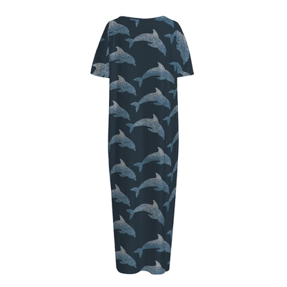 Dolphin Dot Pattern Print Short Sleeve Long Nightdress