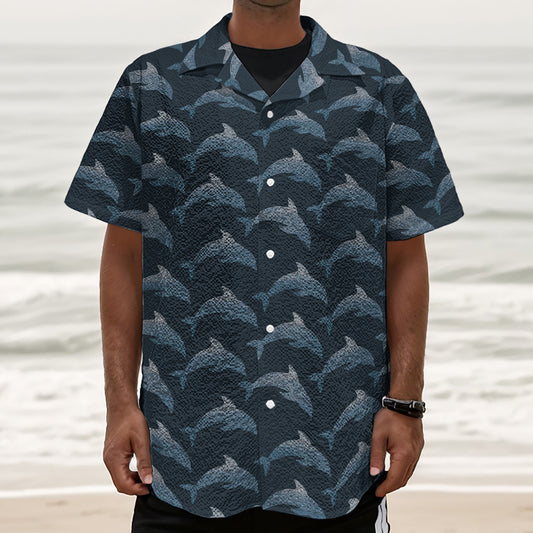 Dolphin Dot Pattern Print Textured Short Sleeve Shirt