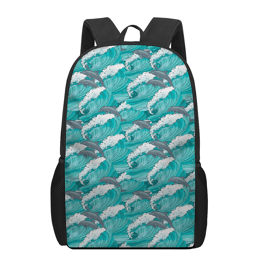 Dolphin Riding Waves Pattern Print 17 Inch Backpack