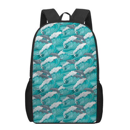 Dolphin Riding Waves Pattern Print 17 Inch Backpack