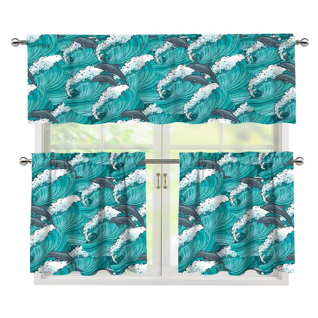 Dolphin Riding Waves Pattern Print 3 Piece Kitchen Curtains