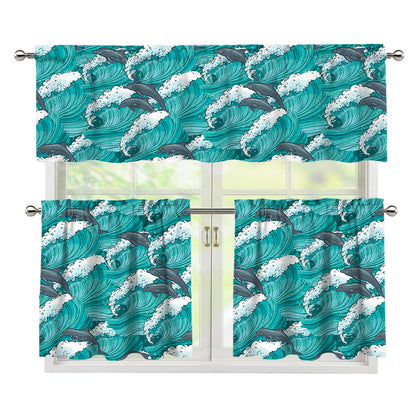Dolphin Riding Waves Pattern Print 3 Piece Kitchen Curtains