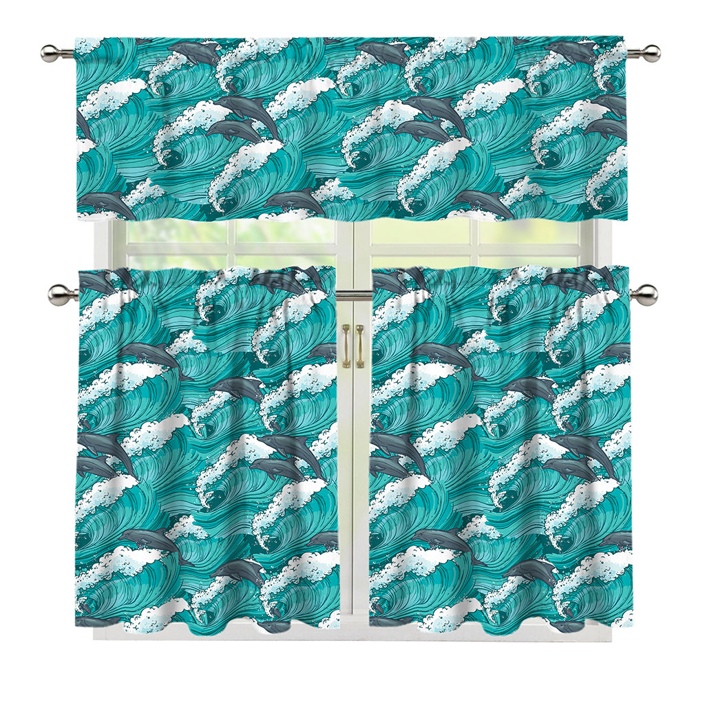 Dolphin Riding Waves Pattern Print 3 Piece Kitchen Curtains