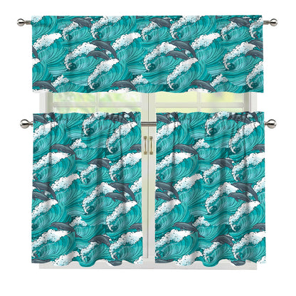 Dolphin Riding Waves Pattern Print 3 Piece Kitchen Curtains