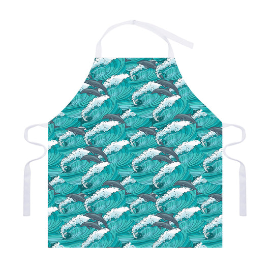 Dolphin Riding Waves Pattern Print Adjustable Apron