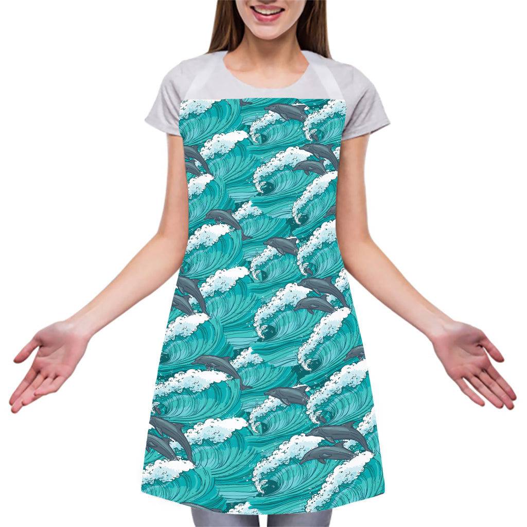 Dolphin Riding Waves Pattern Print Adjustable Apron
